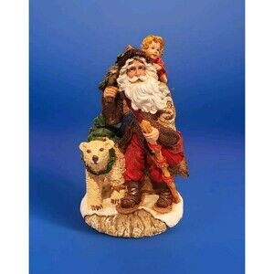 Santa Claus Polar Bear Figurine Walking Stick 8.5" W/ Angel & Christmas Tree